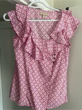 Banana Republic Pink & White Geometric Ruffle Shell
